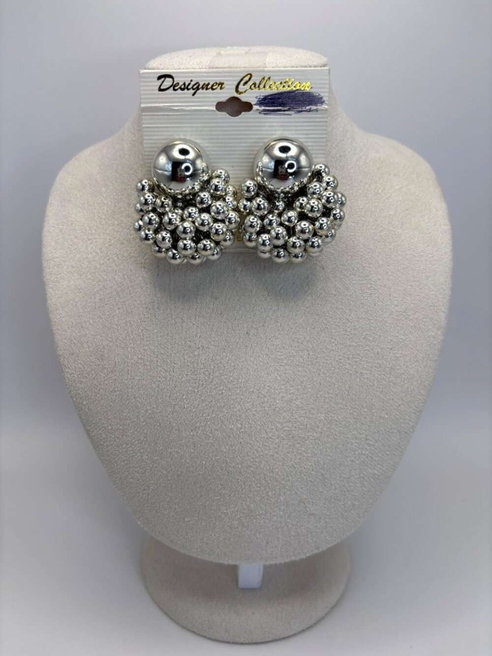 Vintage Designer Collection Silver Tone Cluster Beads Clip On Statement Earrings